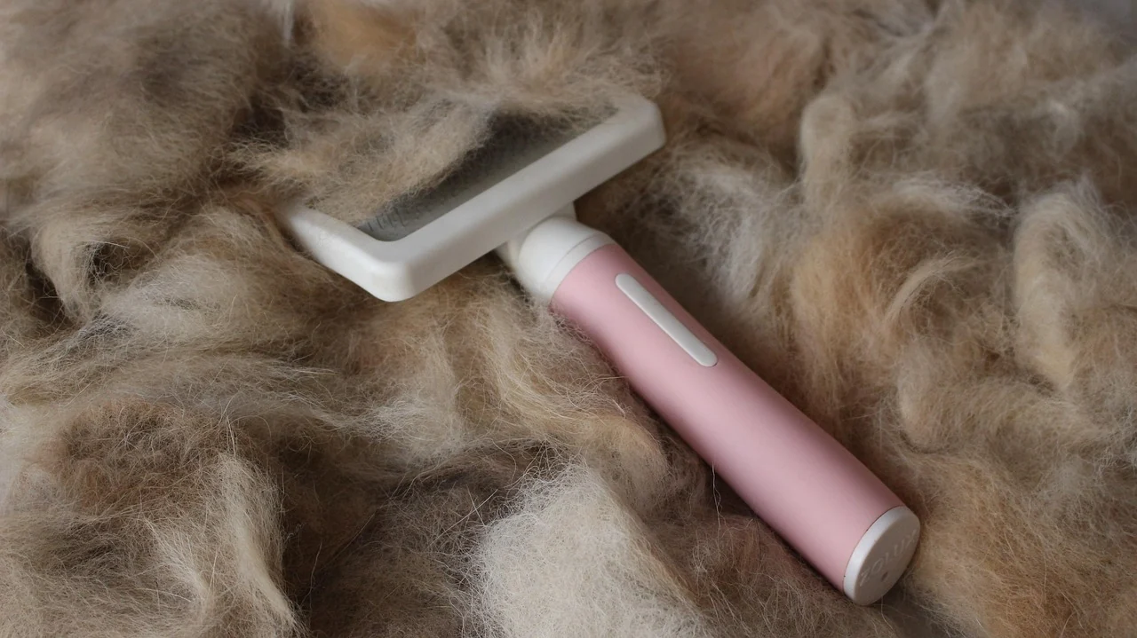 A slicker brush resting on the undercoat it has just taken out of a dog
