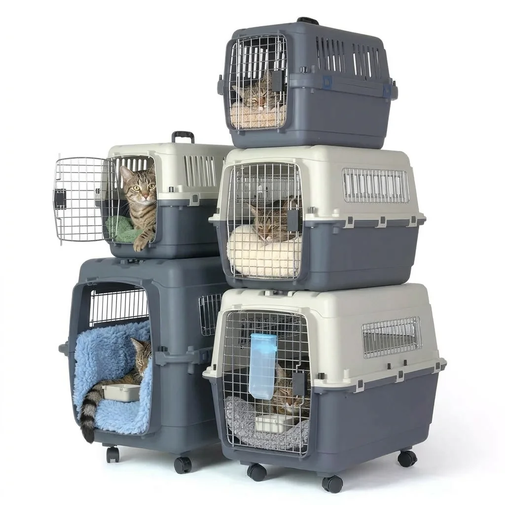 IATA-approved travel crates in the range of sizes, stacked side by side