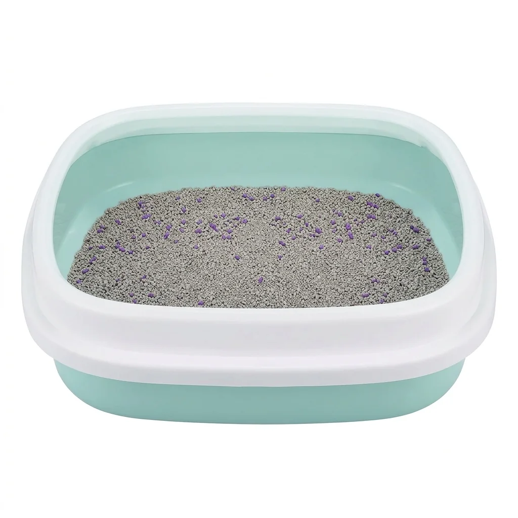 An open litter tray with a rim, in the larger size an adult cat needs