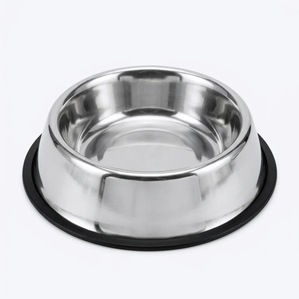 A heavy stainless steel feeding bowl with a non-slip rim