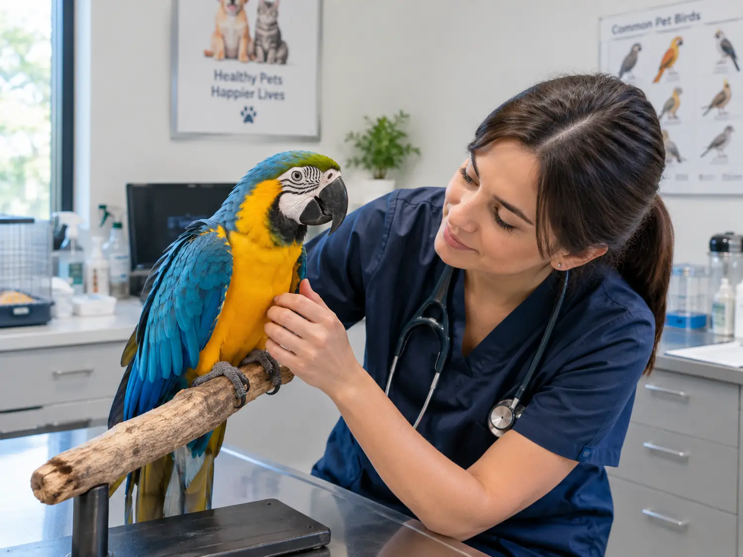 A parrot being examined with the handler's hands visible