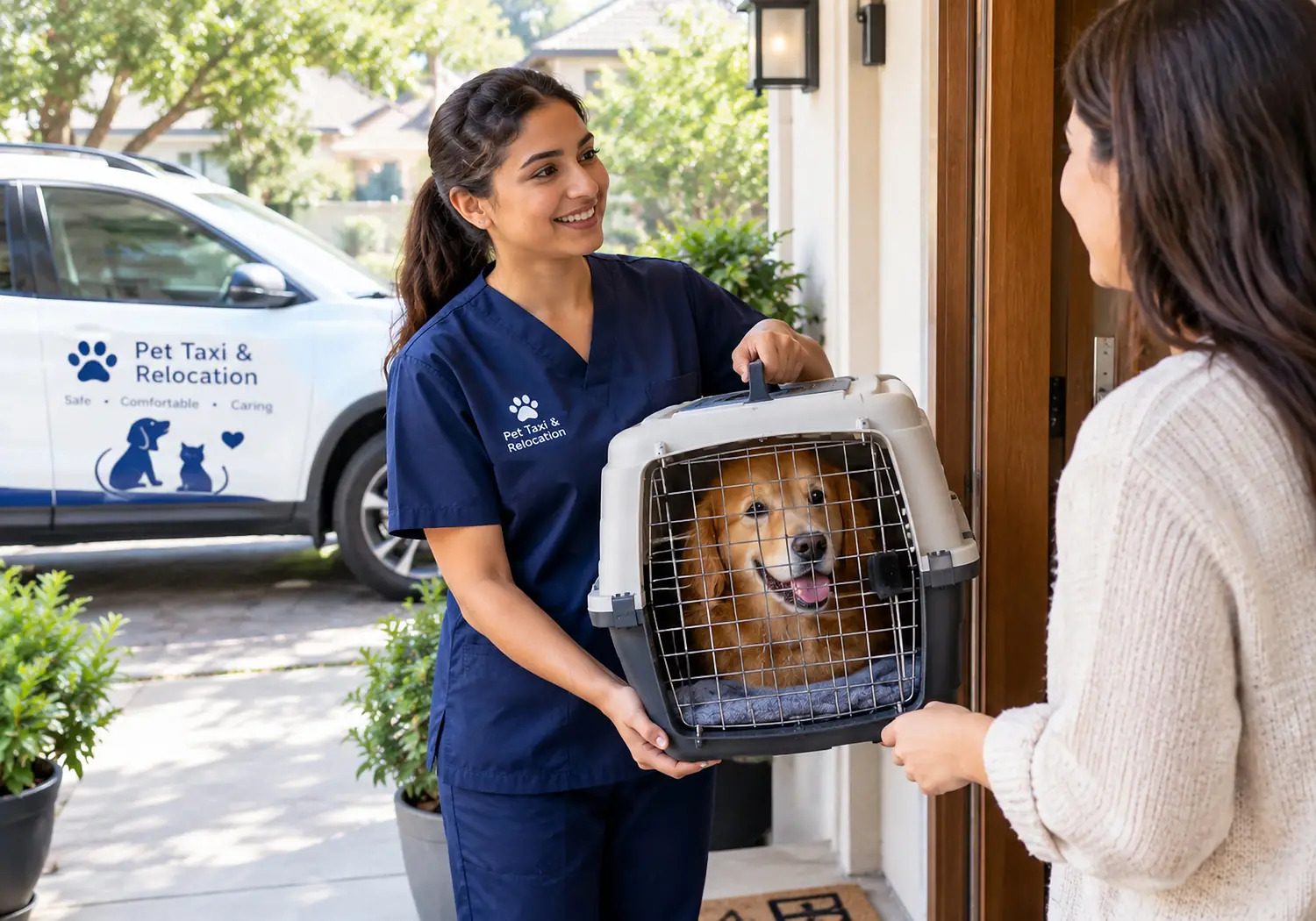 A carrier handed across to an owner beside the clinic's vehicle