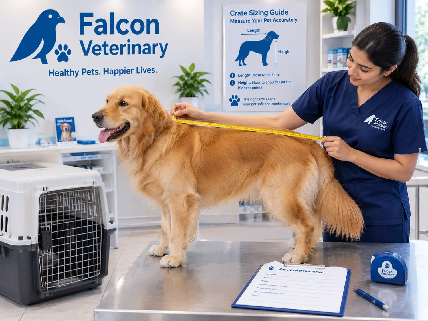 A dog being measured against a travel crate beside a crate sizing guide