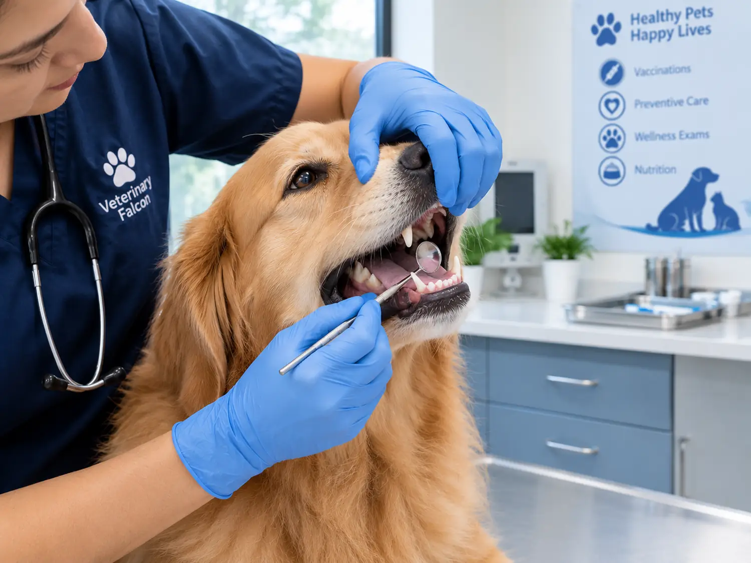 A dog's teeth and gums being checked, the lip held back in gloved hands