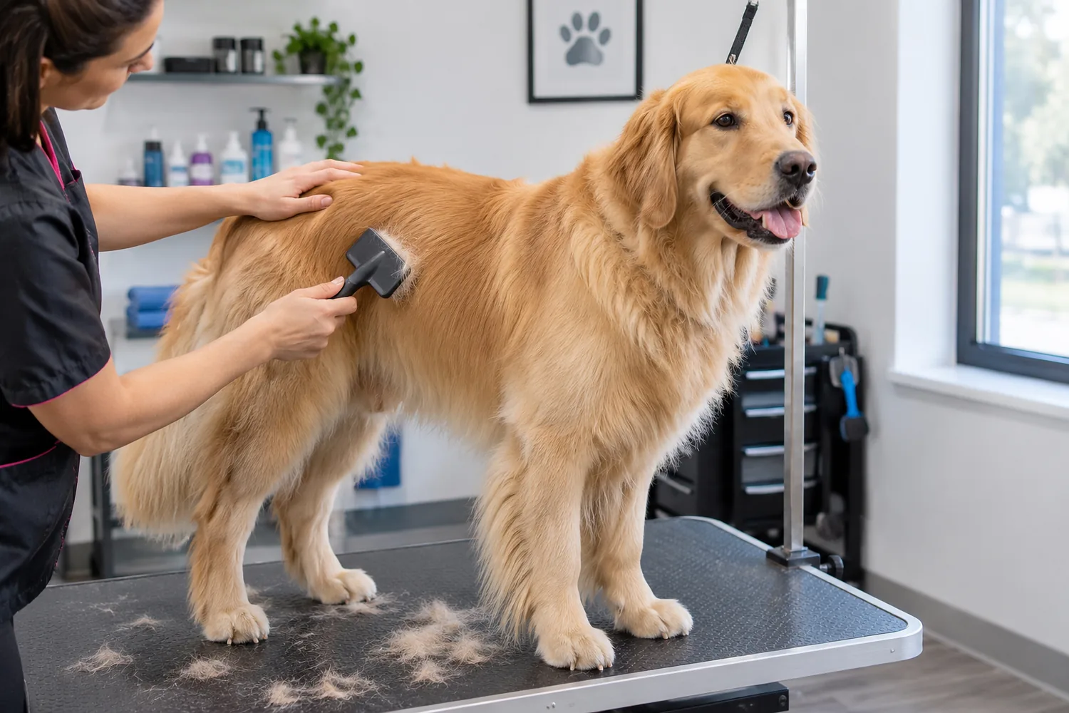 A groomer working through a golden retriever's coat on the grooming table