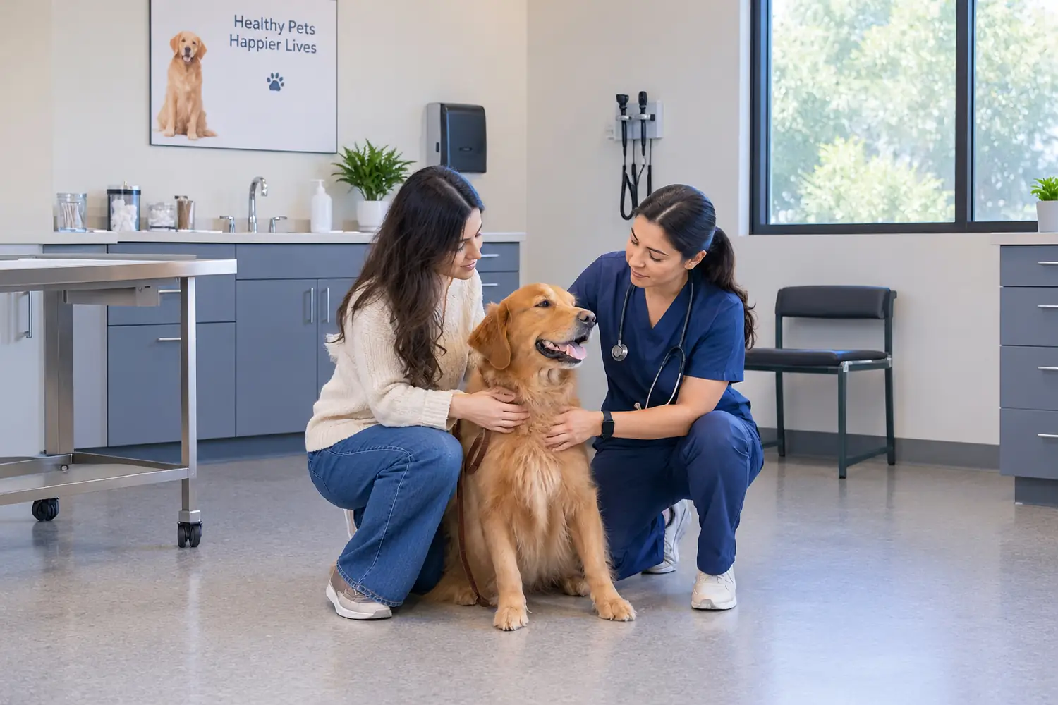 A vet and an owner crouched either side of a golden retriever in the consulting room