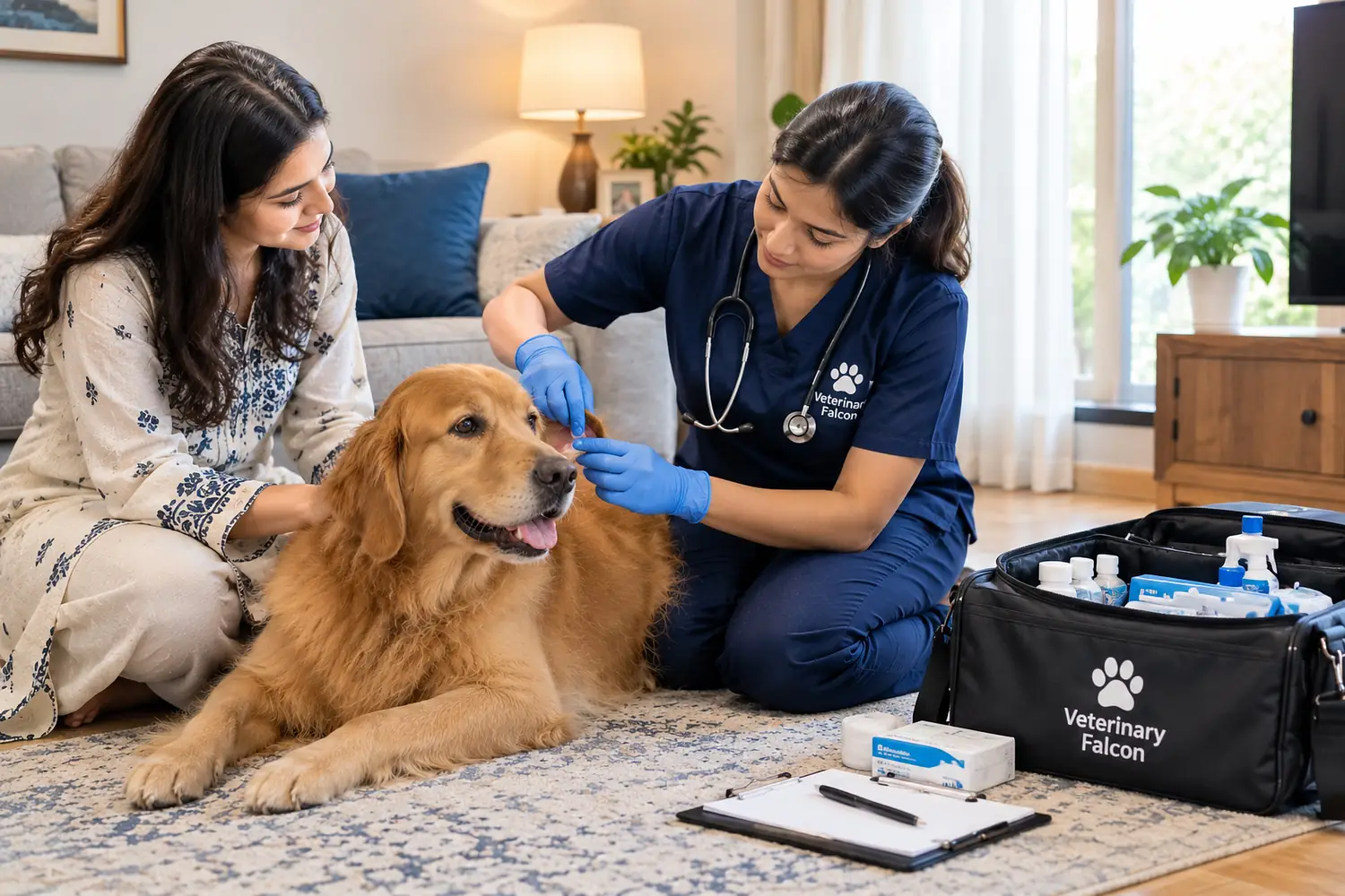 A vet treating a pet inside the owner's home