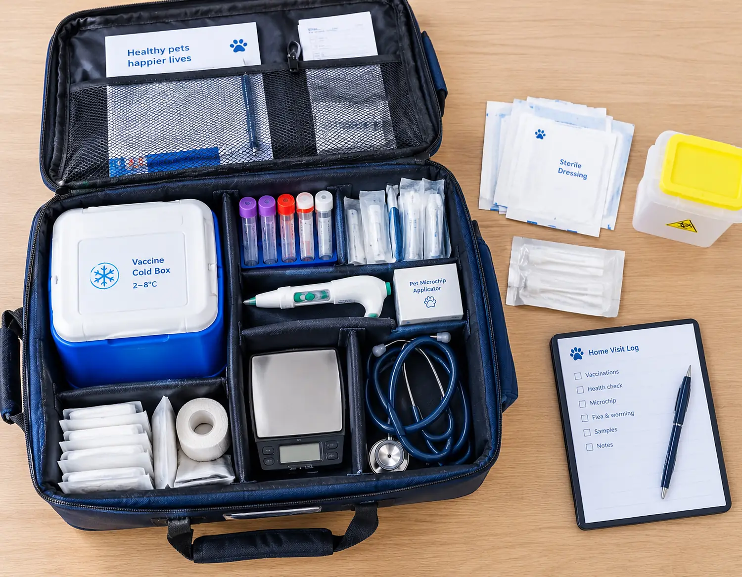 A home-visit vet's case open on a table with instruments laid out