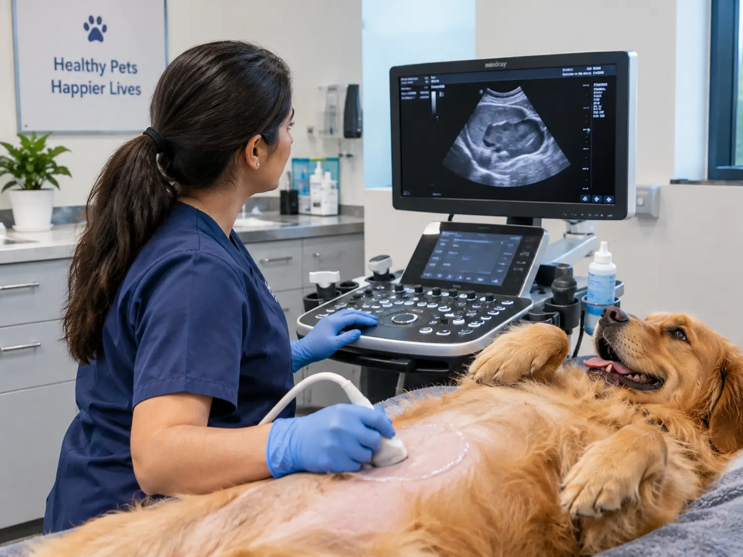 An ultrasound scan being carried out, the image on the screen beside the table