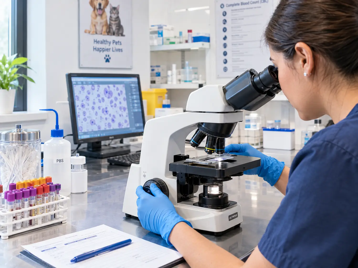 A microscope in use at the in-house laboratory bench