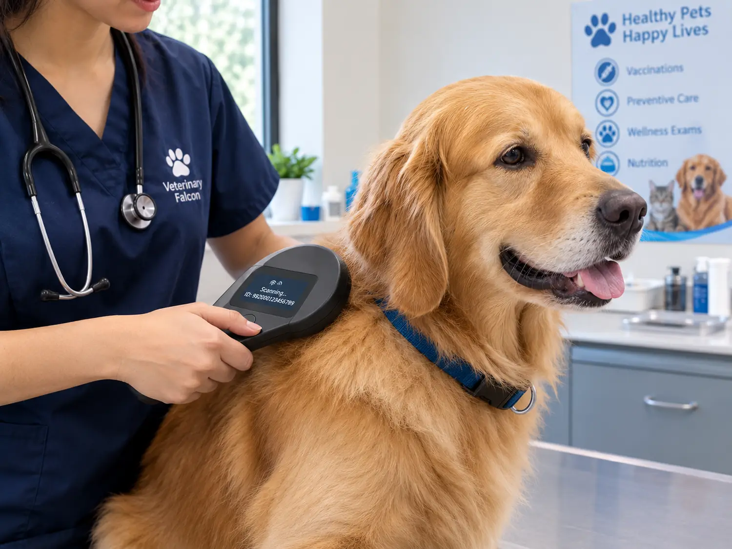 A microchip scanner passed over a dog's shoulders