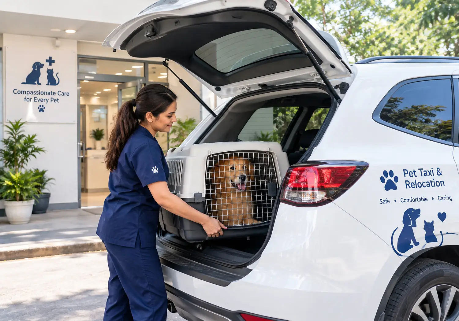 The pet taxi vehicle with a carrier being loaded