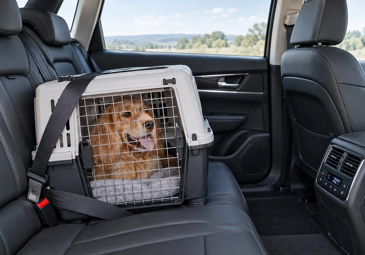 A pet carrier strapped into a vehicle seat