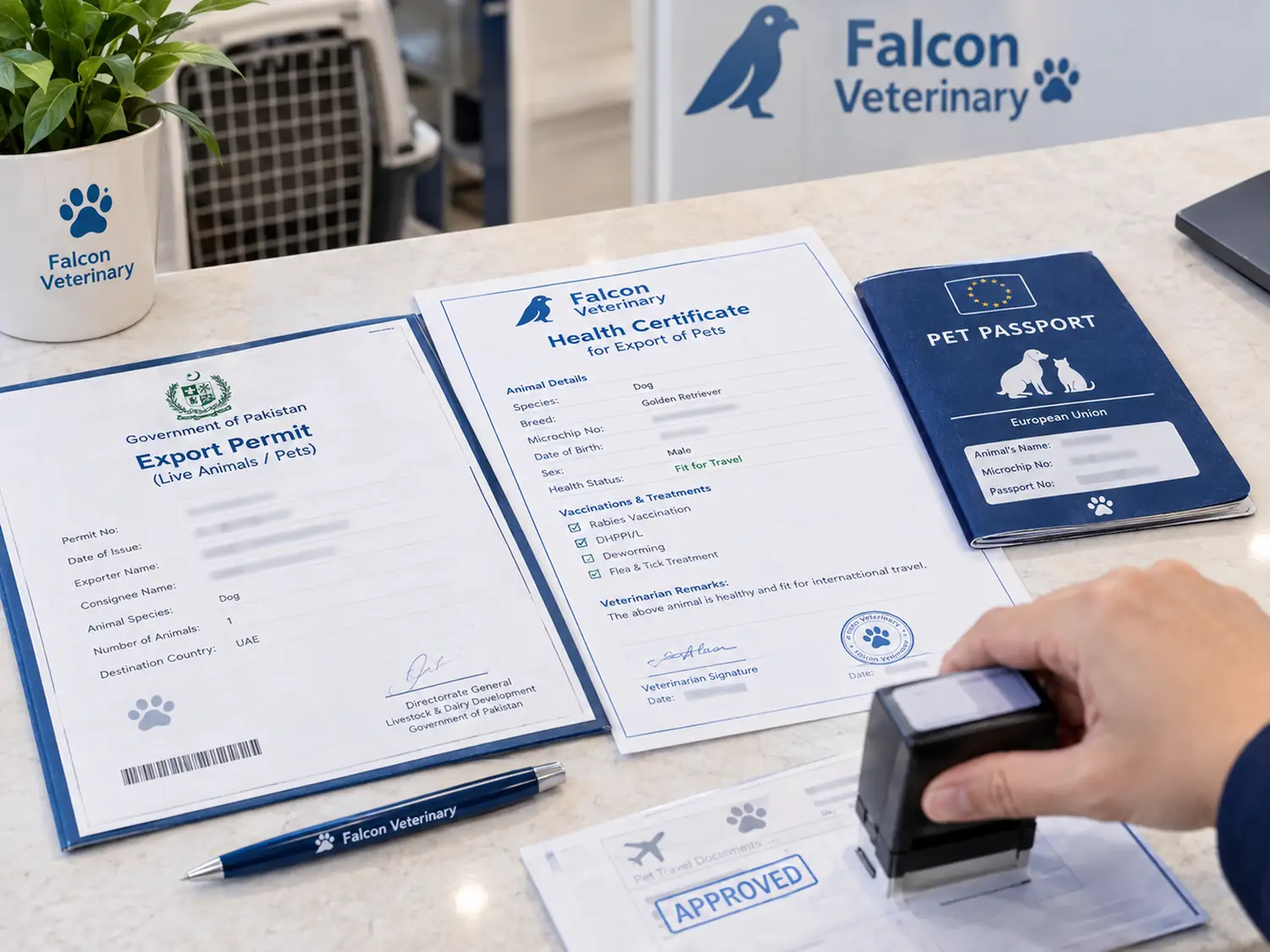 Pet export paperwork and a pet passport on a desk