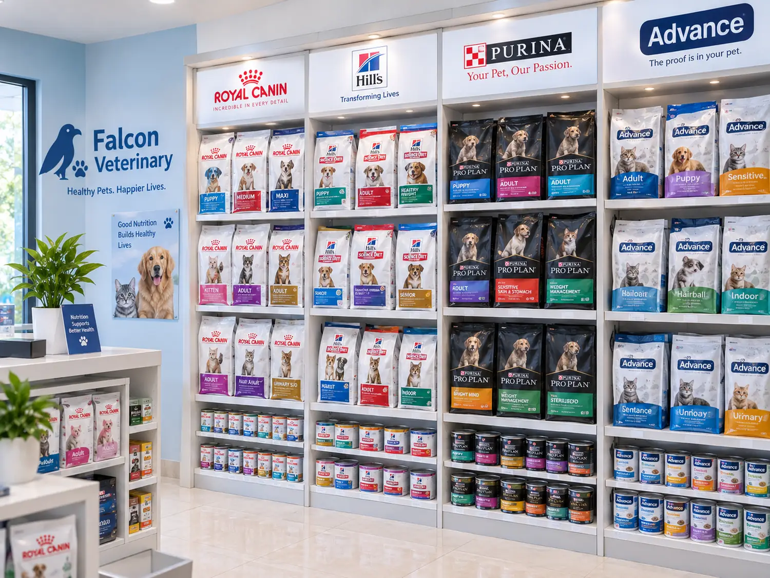 Pet food shelves with brands visible