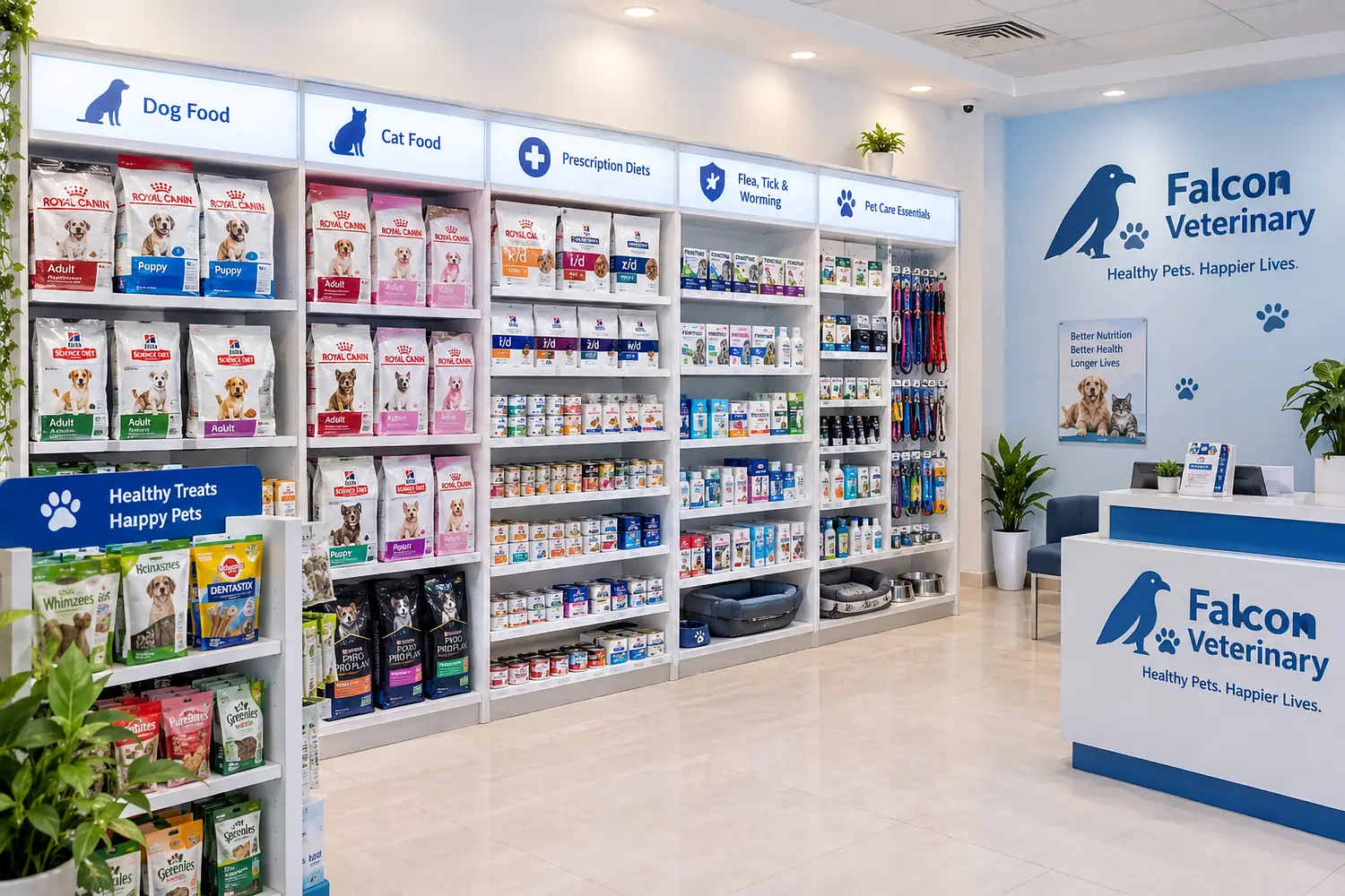 The pet shop shelves inside the clinic