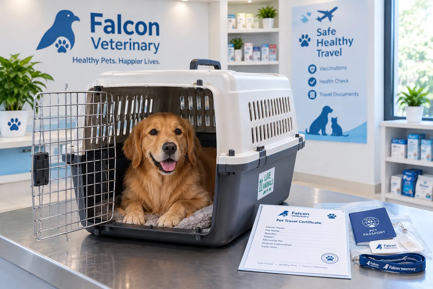 A pet in an IATA travel crate ready to fly