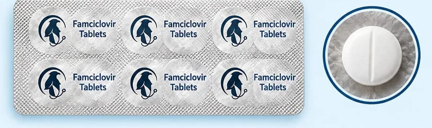 Famciclovir tablets in a blister strip, dispensed by Veterinary Falcon