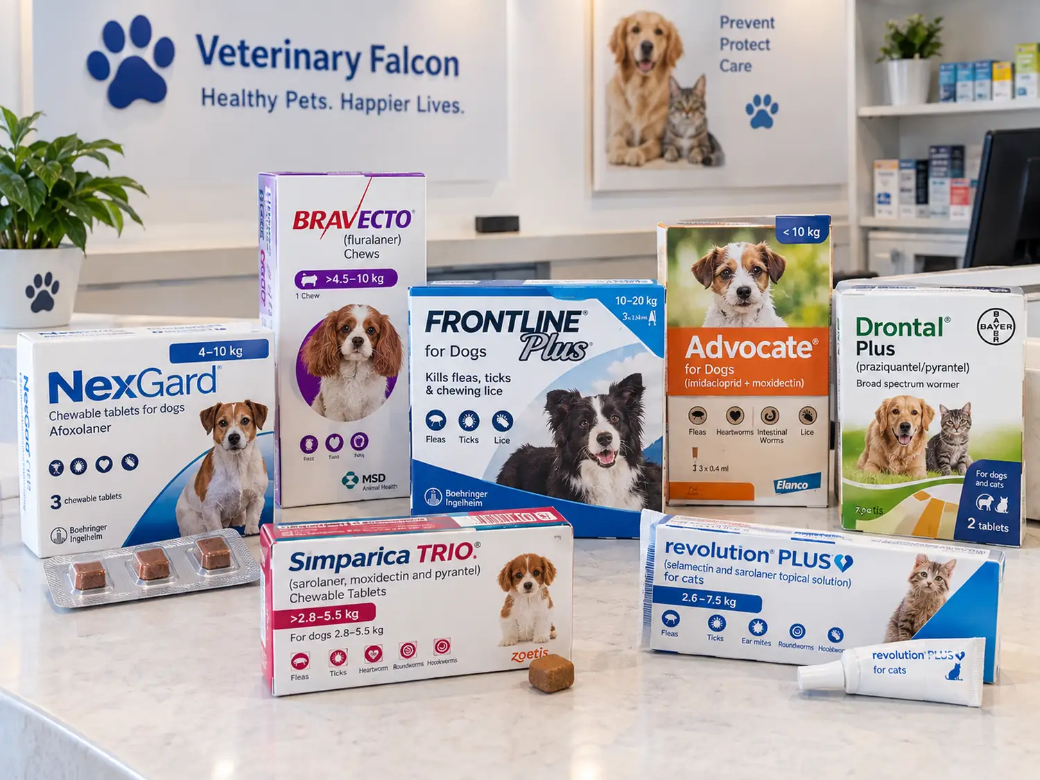 Parasite treatments on the dispensing counter in their manufacturers' boxes