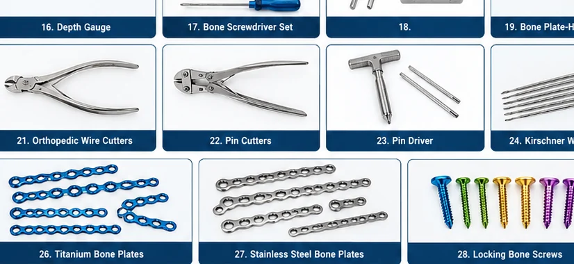 A numbered catalogue page of orthopedic implants and instruments: depth gauge, bone screwdriver set, wire cutters, pin cutters, pin driver, Kirschner wires, titanium and stainless steel bone plates and locking screws