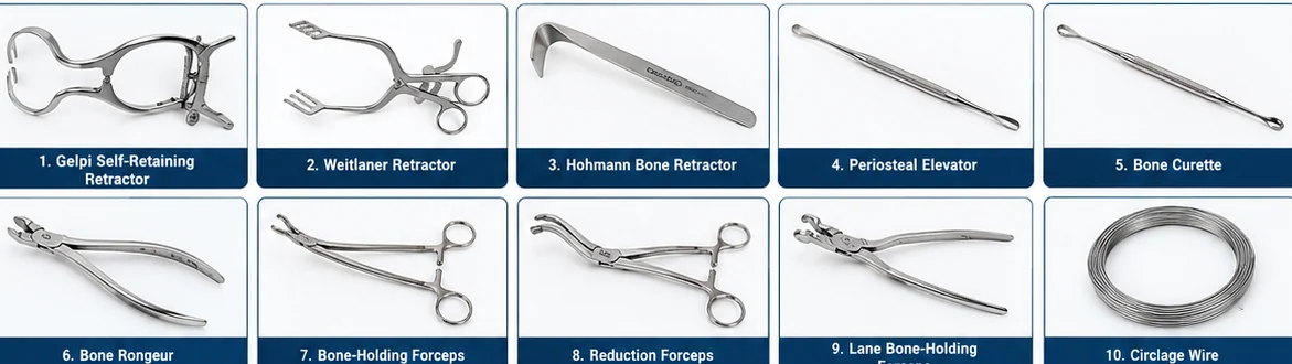A numbered catalogue page of orthopedic instruments: self-retaining and bone retractors, a periosteal elevator, a bone curette, a rongeur, bone-holding and reduction forceps and cerclage wire