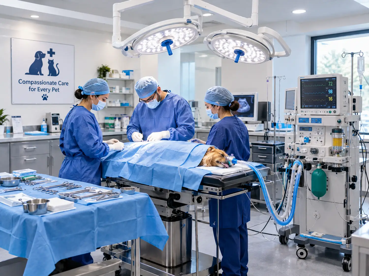 An operation under way in the theatre, the team working with the anaesthetic monitor beside them