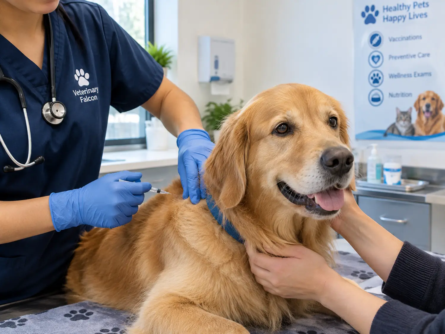 A dog being vaccinated on the table while a hand steadies it